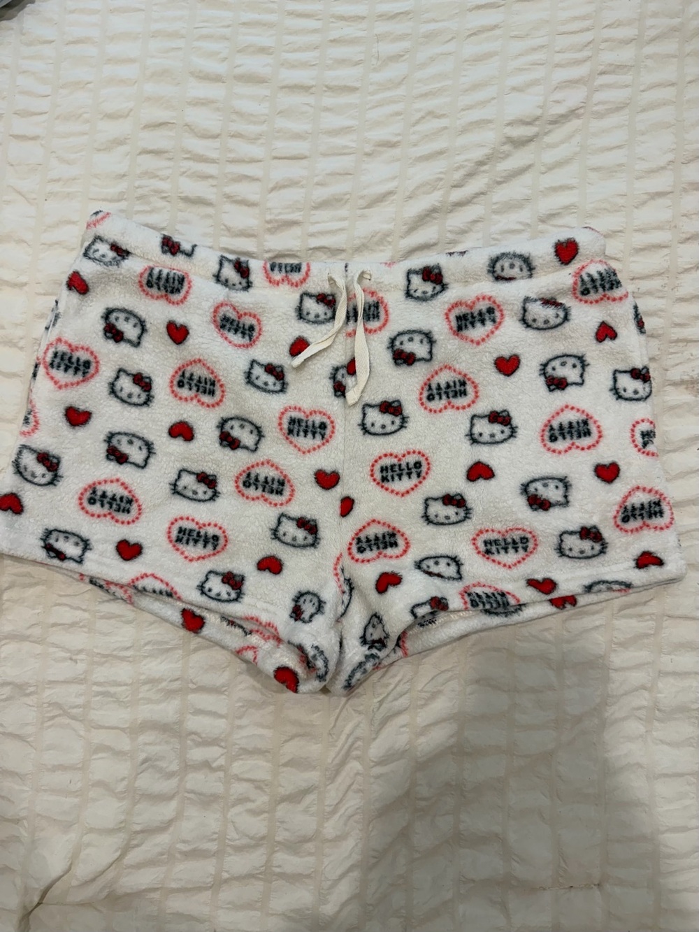 Hello Kitty White Plush Lounge Shorts with Red Accents